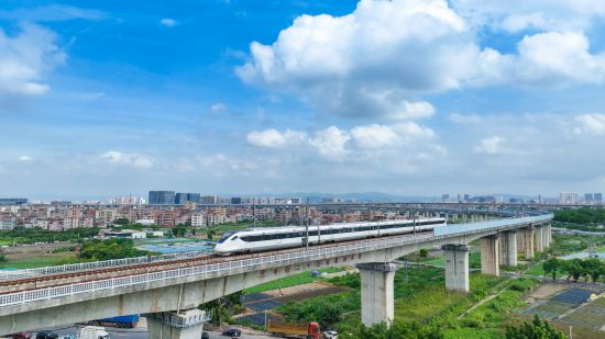 　　29日，廣州東環(huán)城際列車行駛在白沙特大橋上。（中鐵二十五局供圖）